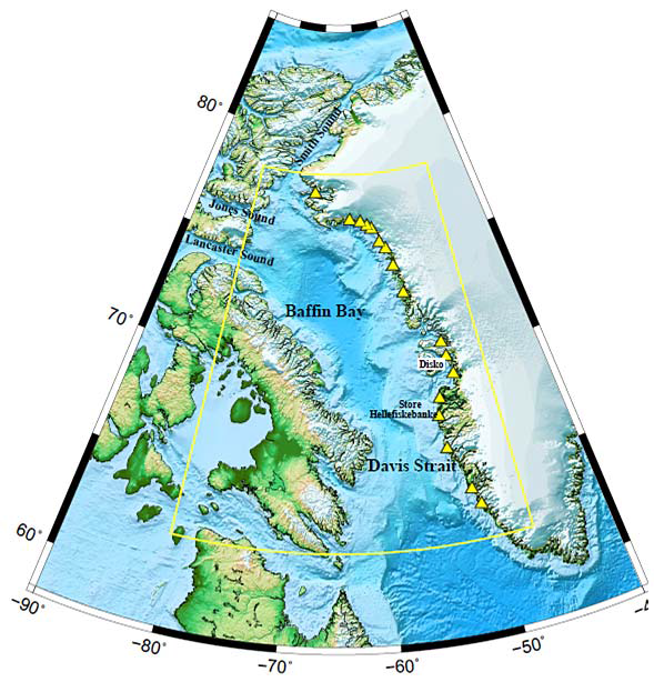 Modelområdet for analysen ligger ud for Grønlands vestkyst og er markeret med gult. 